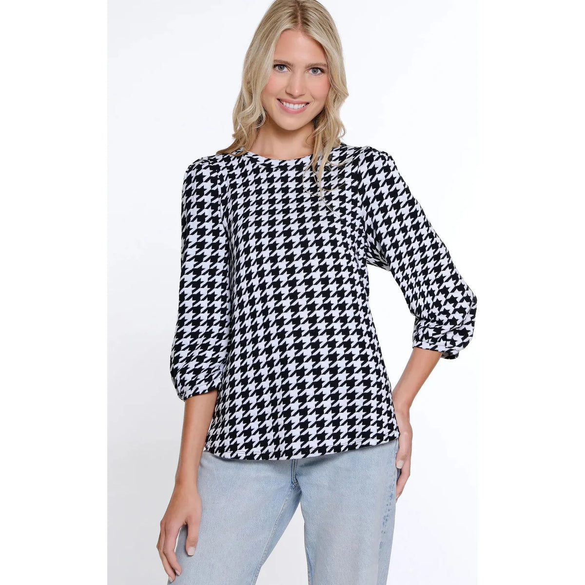 ルミニョン Lumignon Houndstooth fur knit top Lumignon original ♥ pink × black houndstooth pocket fur op