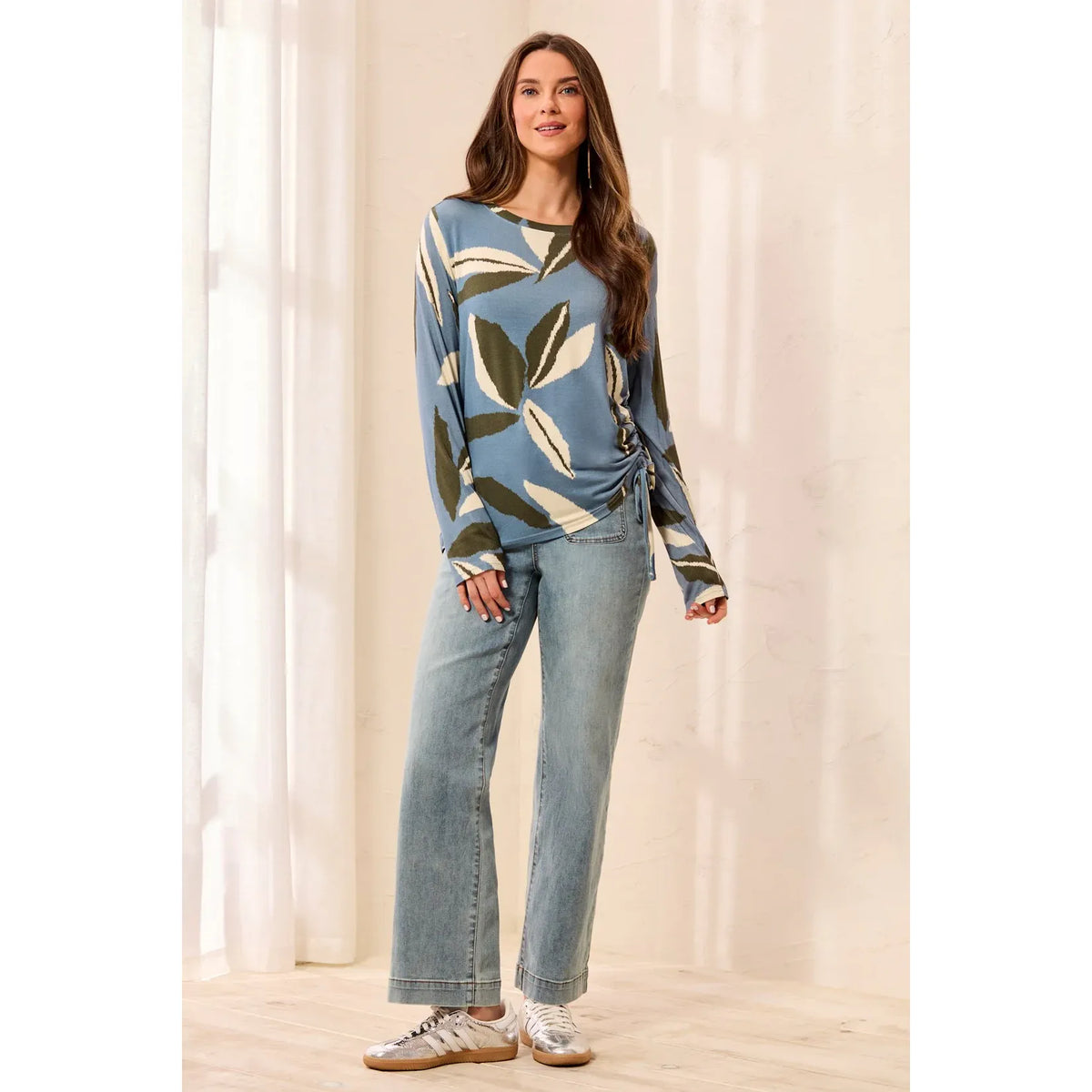 Blue Fog Ruched Crew Neck Top