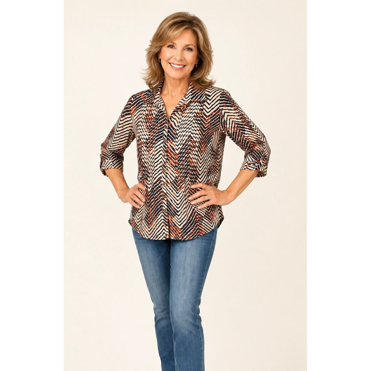 Chevron Charm Tucked Button-Up