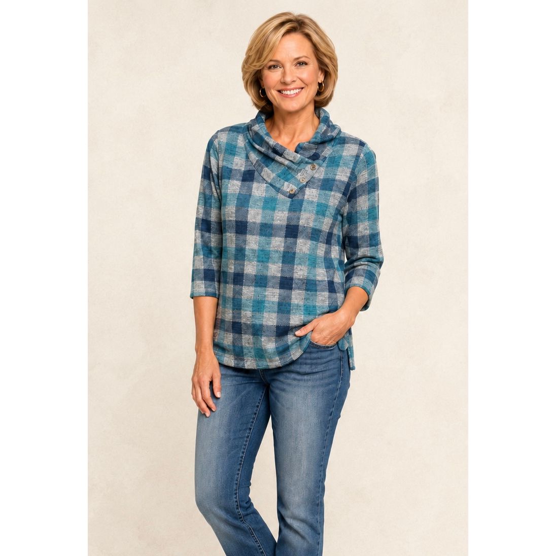 Navy Harvest Plaid Button Tunic - Navy Teal