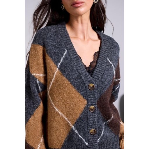 Cozy Geometry Argyle Cardigan in Charcoal