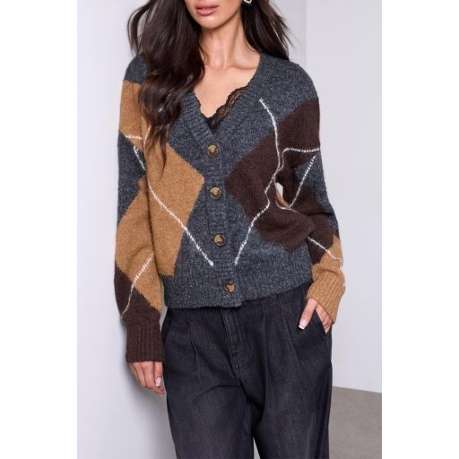 Cozy Geometry Argyle Cardigan in Charcoal
