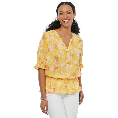 Half Placket Floral Woven Top