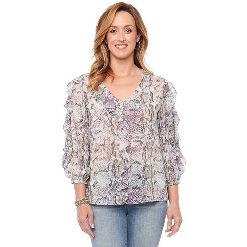 3/4 Sleeve Ruffle Front Snake Print Blouse