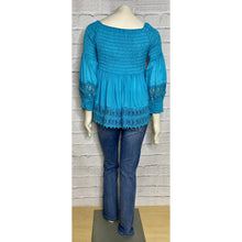 Load image into Gallery viewer, Teal Lace Peasant Blouse