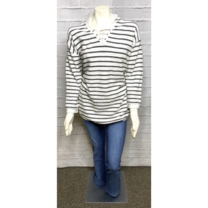 Striped V Neck Tie Hoodie