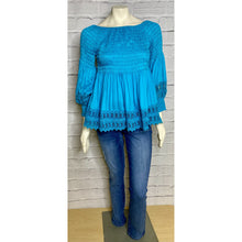 Load image into Gallery viewer, Teal Lace Peasant Blouse